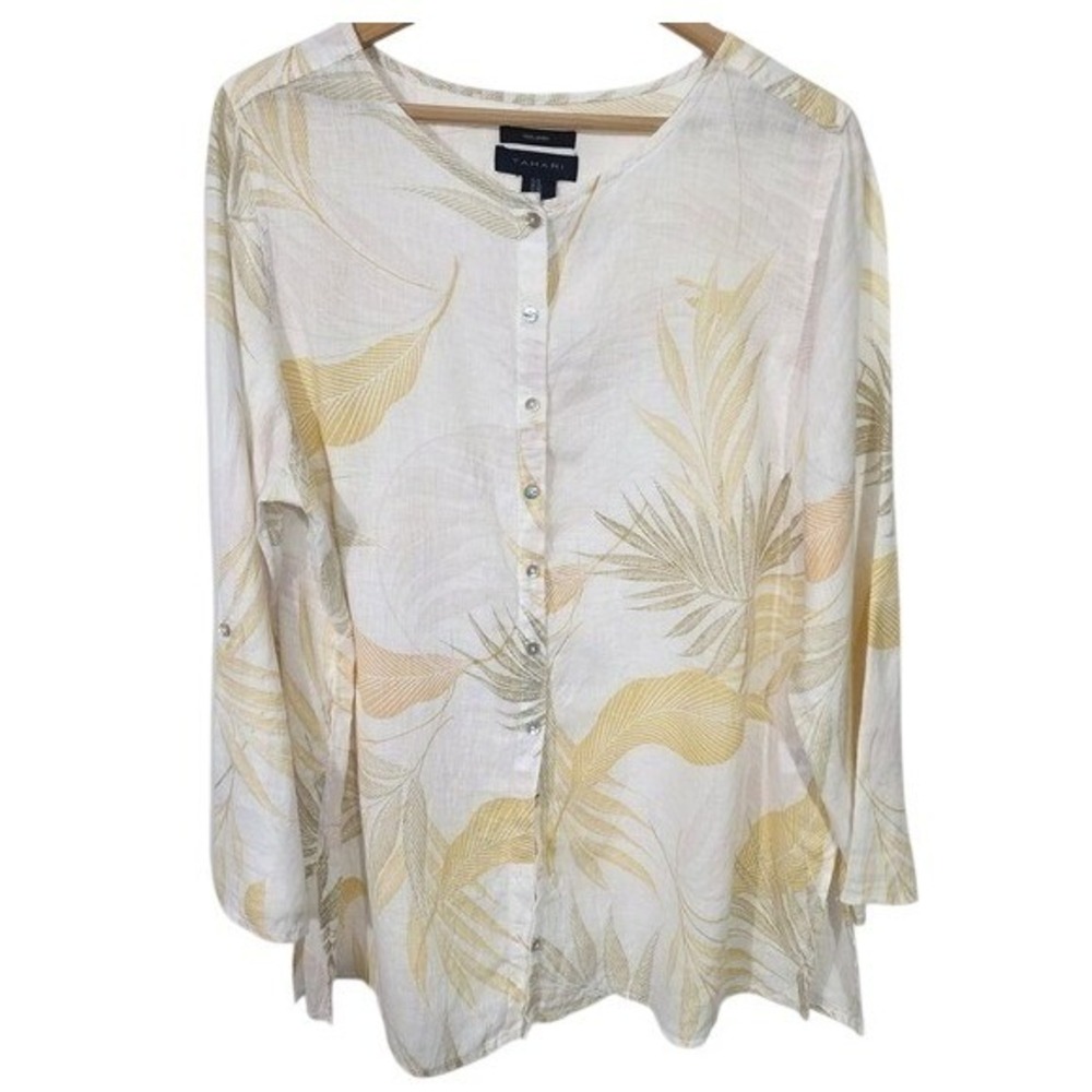 Tahari 100% Linen Botanical‎ Leaf Button Front Blouse Size 1X Lightweight Boho